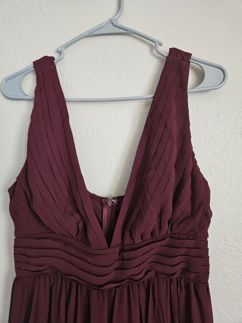 Plunging V-Neck Burgundy Pleated Dress